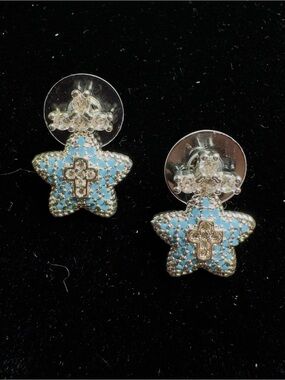Silver Star Cross Drop Earrings in Turquoise